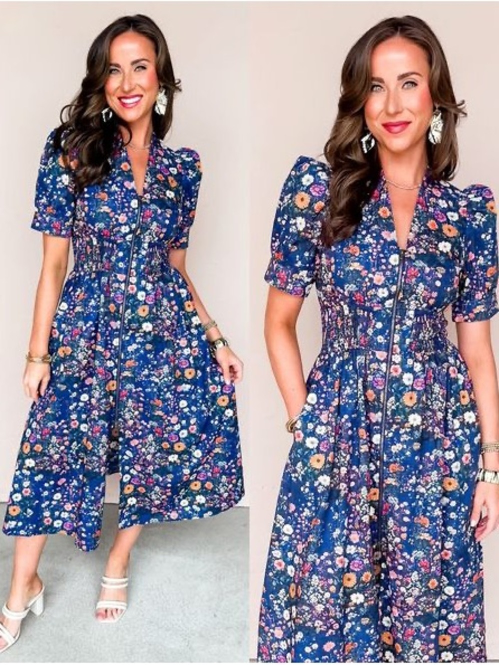 entro Navy Floral Zip-Front Midi Dress